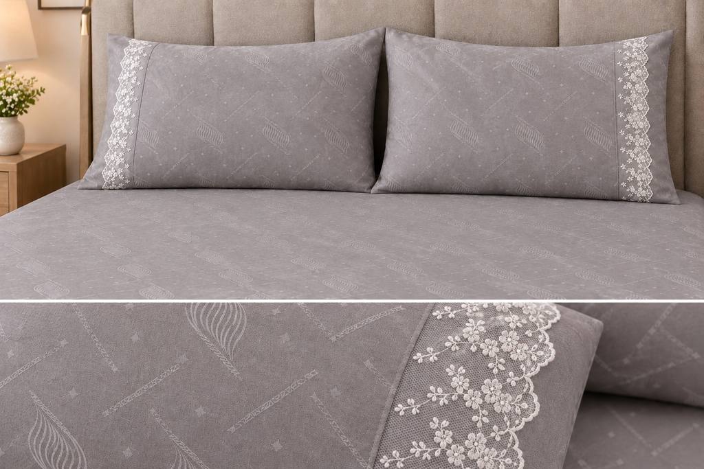 Luxury Self-Print 400 TC Pure Cotton Bedsheet with Embroidered Lace Pillow Covers