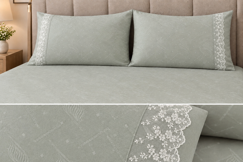 Luxury Self-Print 400 TC Pure Cotton Bedsheet with Embroidered Lace Pillow Covers