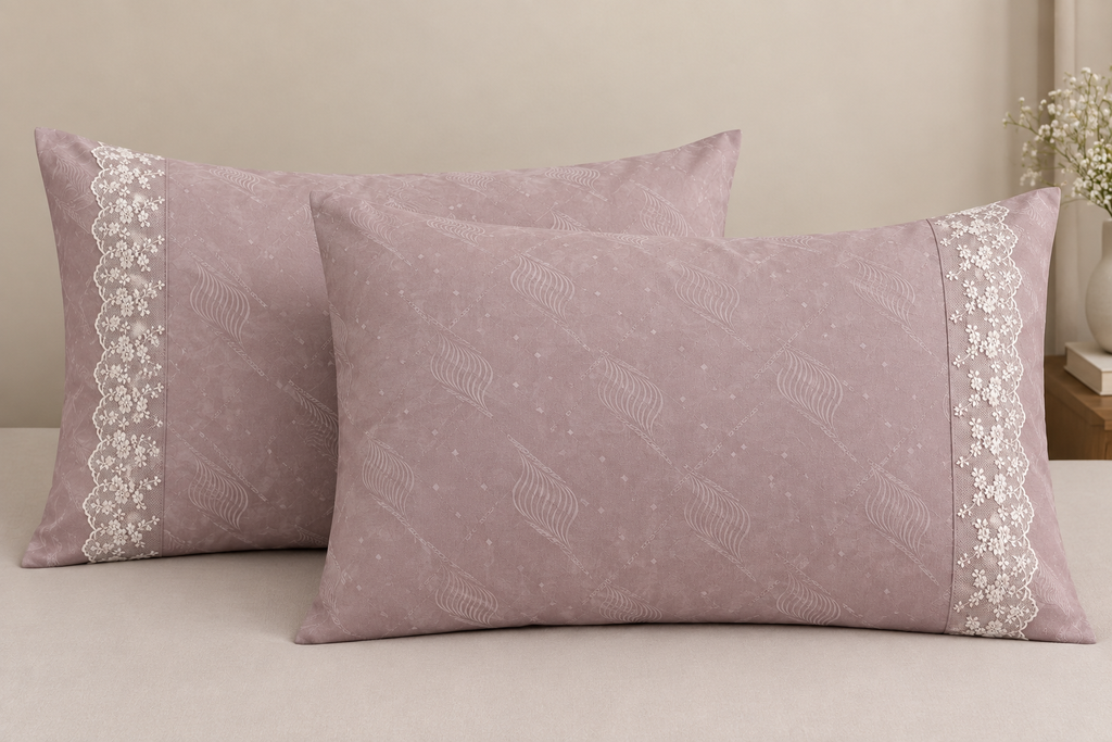 Luxury Self-Print 400 TC Pure Cotton Bedsheet with Embroidered Lace Pillow Covers