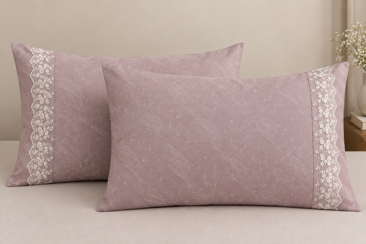 Luxury Self-Print 400 TC Pure Cotton Bedsheet with Embroidered Lace Pillow Covers