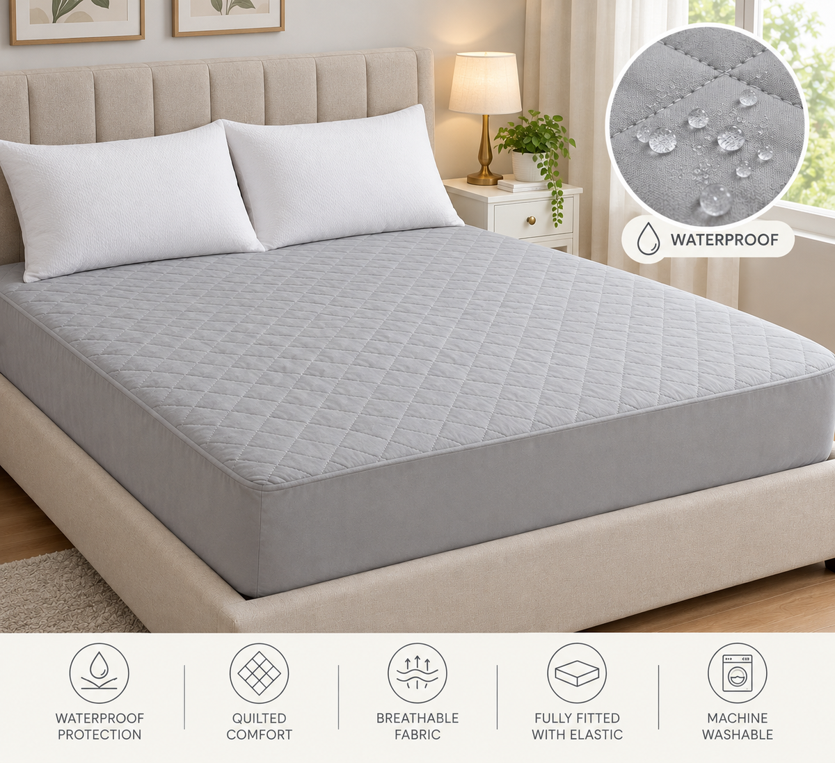 Premium Mattress Protector-Waterproof ElasticFitted (Fits upto 12 inch thick mattress)